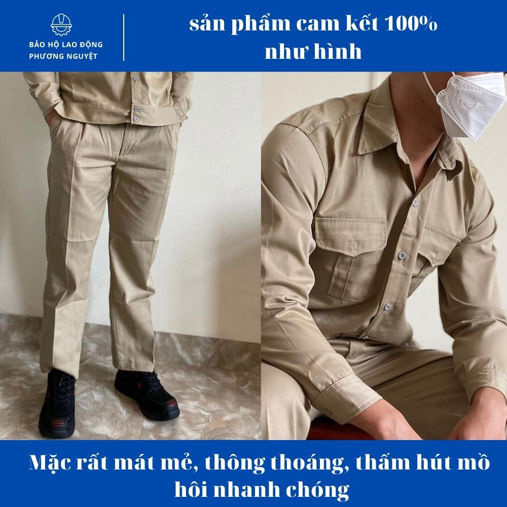 Quần áo bảo hộ lao động màu ghi tối vải kaki 2/1 độ bền cao và thấm mồ hôi tốt không phai màu, không xù, không dão