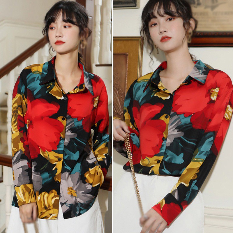Áo sơ mi voan hoa tay dài phong cách retro cho nữ