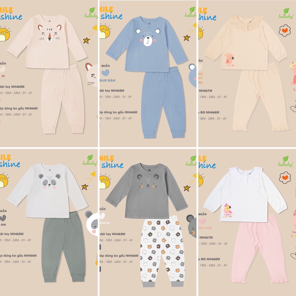 [ LULLABY ] Bộ quần áo vải nỉ cho bé từ 3 tháng đến 4 tuổi NH465M -&gt; NH468M