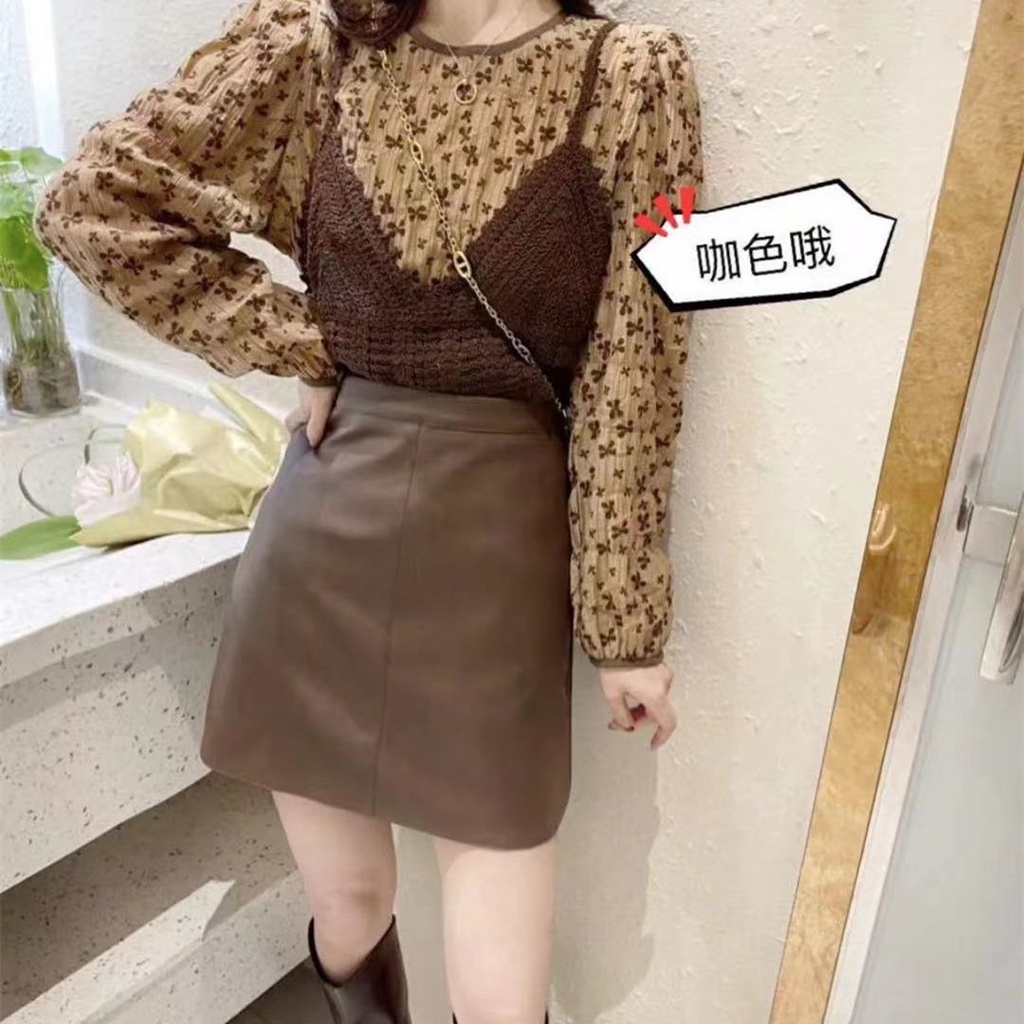 Set áo sơ mi tay dài họa tiết hoa + áo khoác voan thời trang mùa thu mới 2021