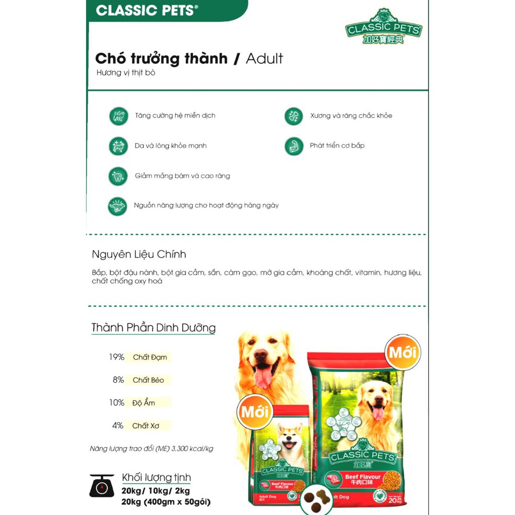 Thức ăn Chó Classic Pet ( Chó trưởng thành) Hương vị Thịt Bò 10kg- CHÍNH HÃNG