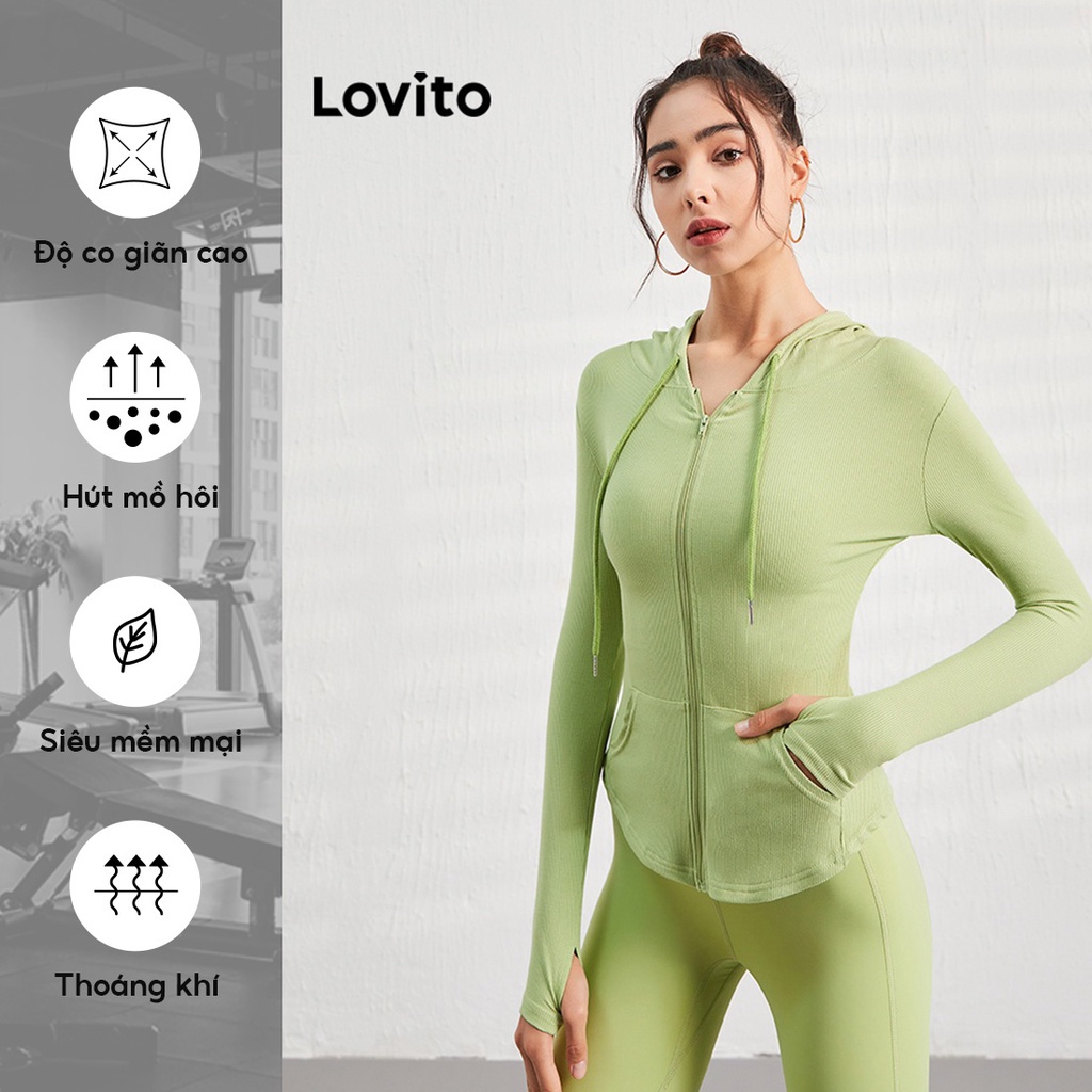 Áo khoác thể thao Lovito màu xanh lá có dây kéo L07049