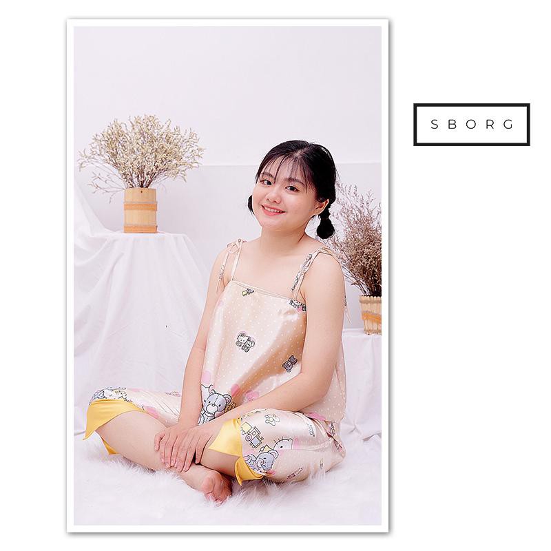 Đồ bộ lụa SBORG đồ ngủ 2 dây mặc nhà quần lửng in kitty cute có túi freesize dưới 58kg quà tặng vợ trendy