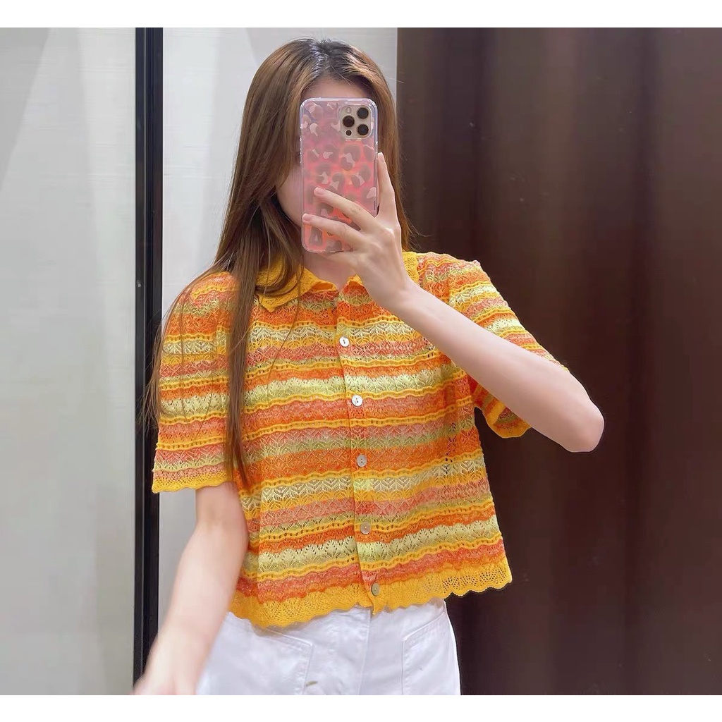 Áo len ren thổ cẩm ZR vàng cam cực tây