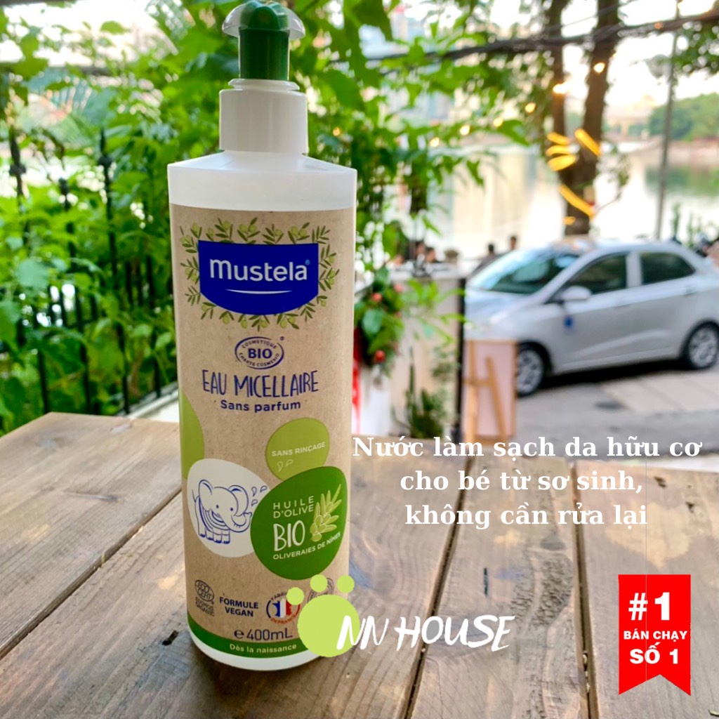 Nước làm sạch da mặt và cơ thể bé Mustela Eau Micellaire bio hữu cơ an toàn cho bé từ sơ sinh không cần rửa, gel tắm khô