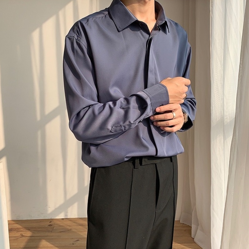 Áo sơ mi dài tay màu trơn dáng rộng phong cách Hàn Quốc tinh tế thanh lịch dành cho nam | BigBuy360 - bigbuy360.vn