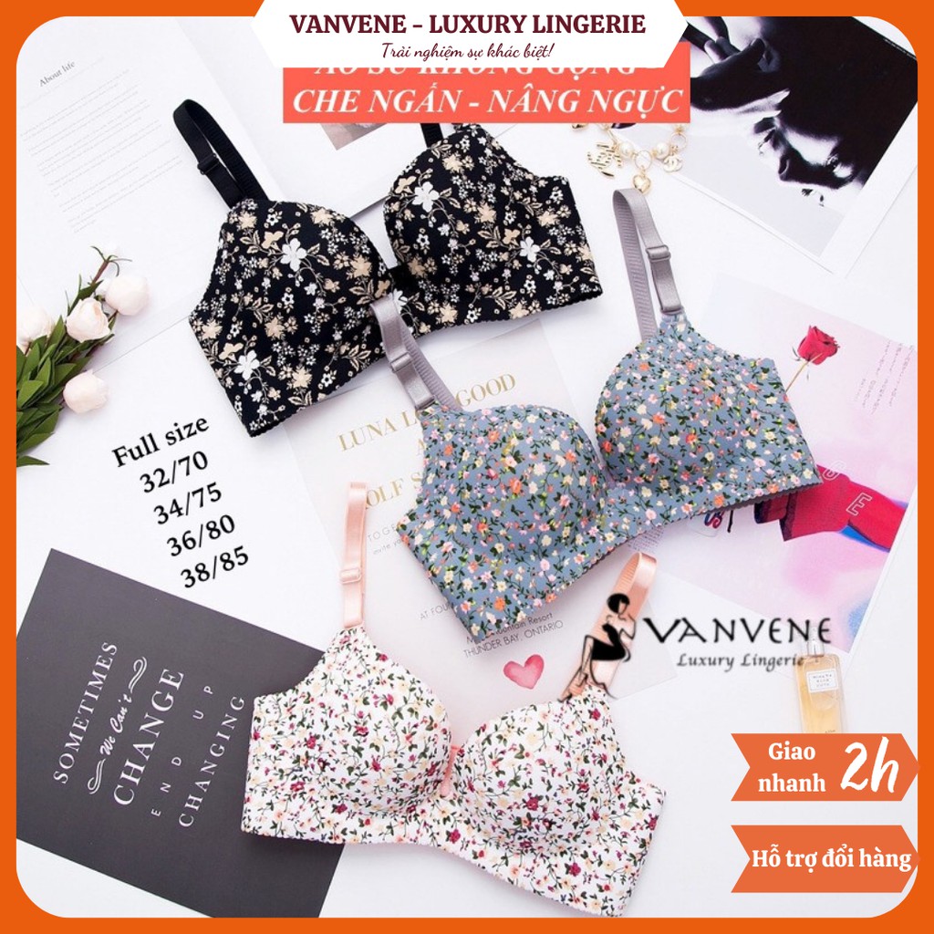 Áo lót nữ su đúc hoa nhí không gọng nâng ngực Vanvene đệm nhiều 3cm bản lưng to che ngấn mỡ chống hằn mỡ A008