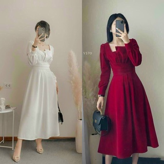Đầm dự tiệc tay dài maxi đi biển cổ vuông nhún eo ChemMix siêu xinh cho nàng dạ hội, hẹn hò