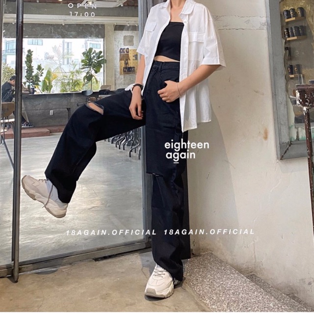 [Size 30~35] Quần Suông Lưng Cao Qua Rốn BigSize Dài 105cm /Ống Rộng ĐEN TRƠN/RÁCH 2 GỐI Không Giãn