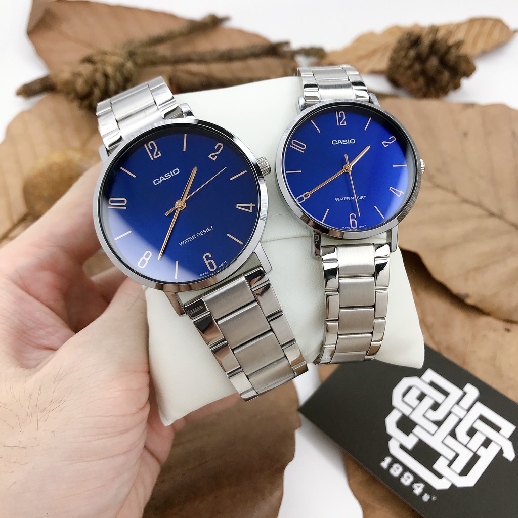 Đồng hồ cặp Casio MTP-VT01D-2B2 / LTP-VT01D-2B2 dây thép không gỉ, size 34mm, 40mm chống nước, hàng chính hãng