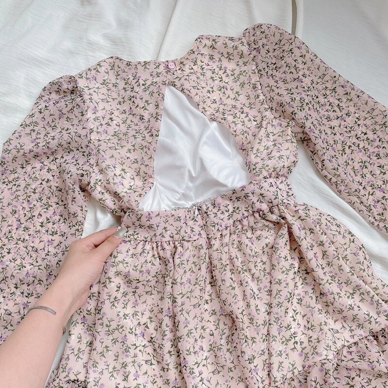 Đầm hoa cut out lưng tay dài 2 màu hoạ tiết nhẹ nhàng