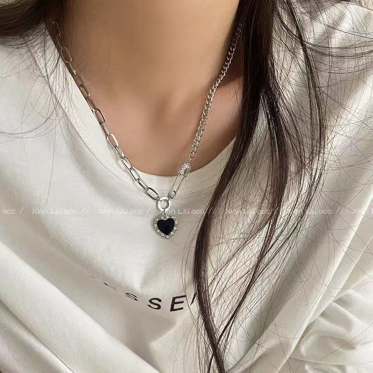 iF YOU Vòng cổ Mặt Hình Trái Tim Màu Đen Phong Cách Vintage Thanh Lịch Cho Nữ