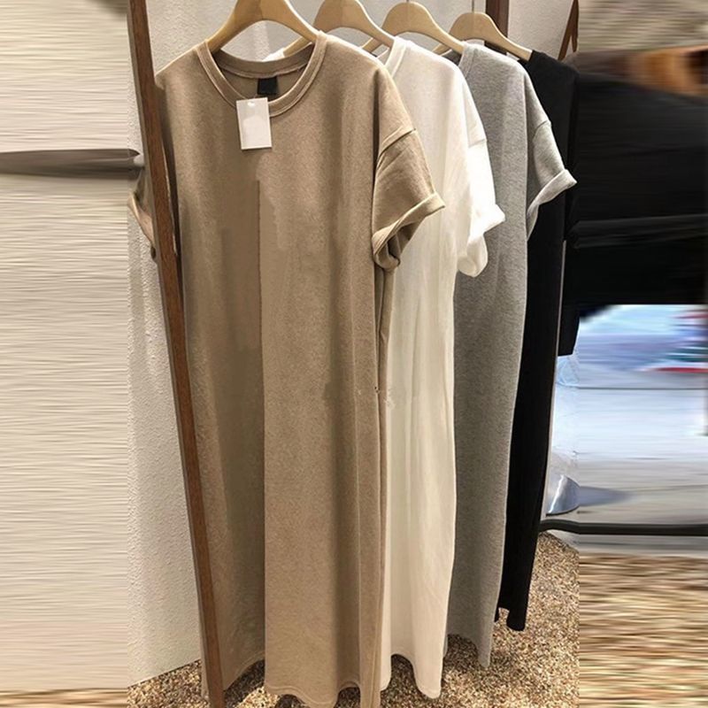 Đầm Thun Dáng Dài Rộng Tay Ngắn Cổ Tròn Màu Trơn Có Size Lớn 300 Jin Dành Cho Nữ