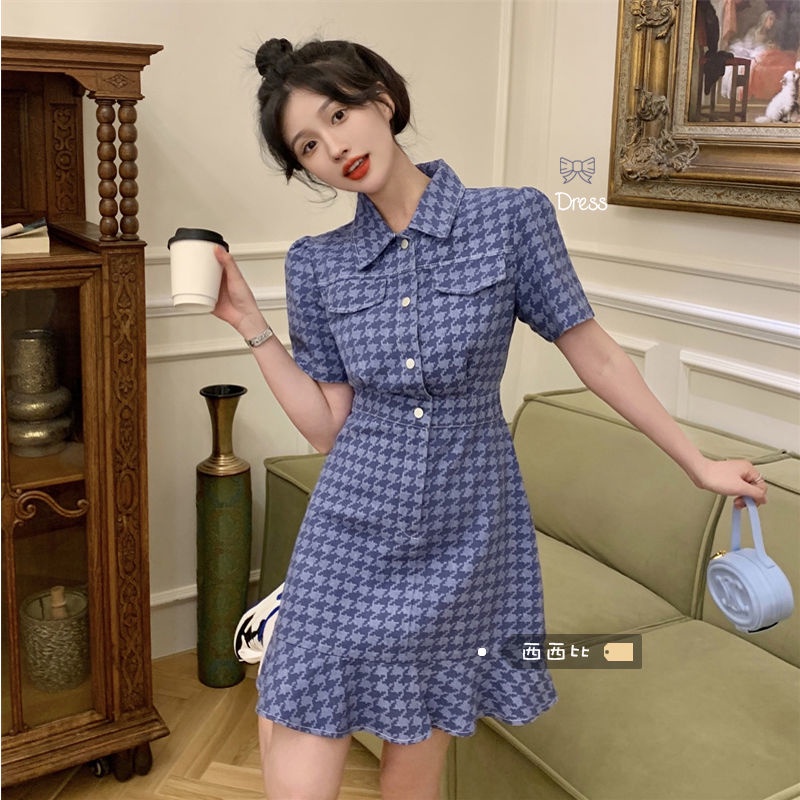 Denim dress women's 2022 summer new vintage Ruffle slim skirt ins temperament short sleeve Platycodon skirt