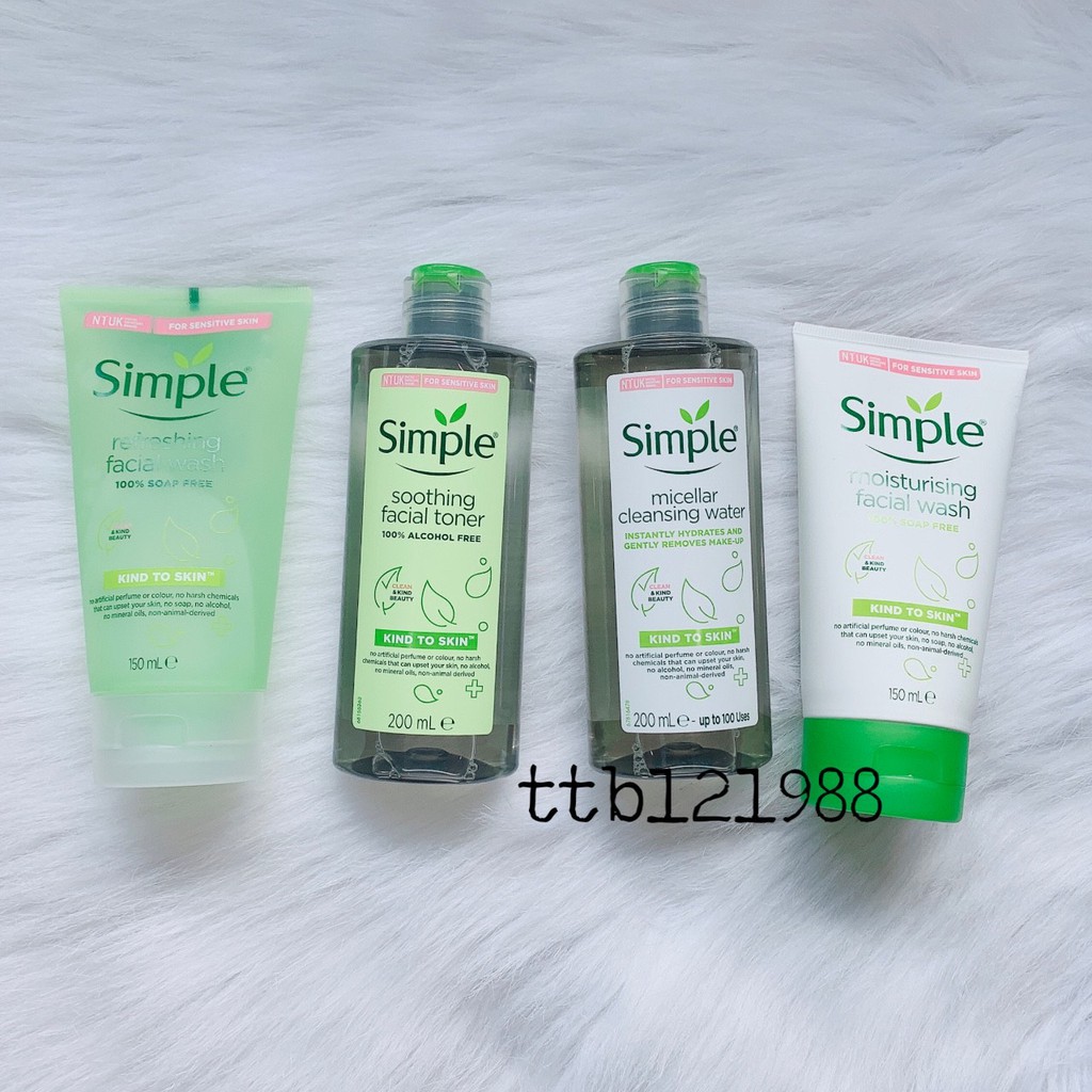 sửa rửa mặt simple xanh lá+ Toner nước hoa hồng simple dành cho da nhạy cảm