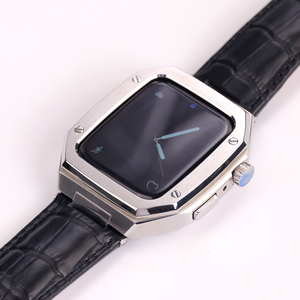 Jansin Modification Kit Leather Dây Đeo + Vỏ Bảo Vệ Inox Cho Apple Watch 8 45mm 44mm iwatch series 7 6 SE smart watch