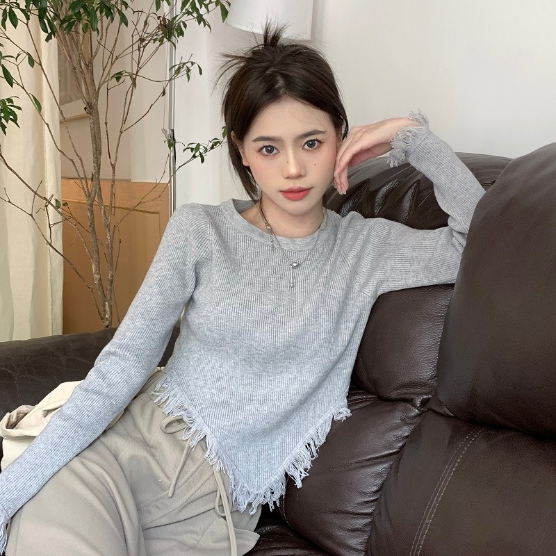 Áo ZHELIHANGFEI dệt kim tay dài dáng ngắn phối tua rua thiết kế lệch tà cá tính cho nữ