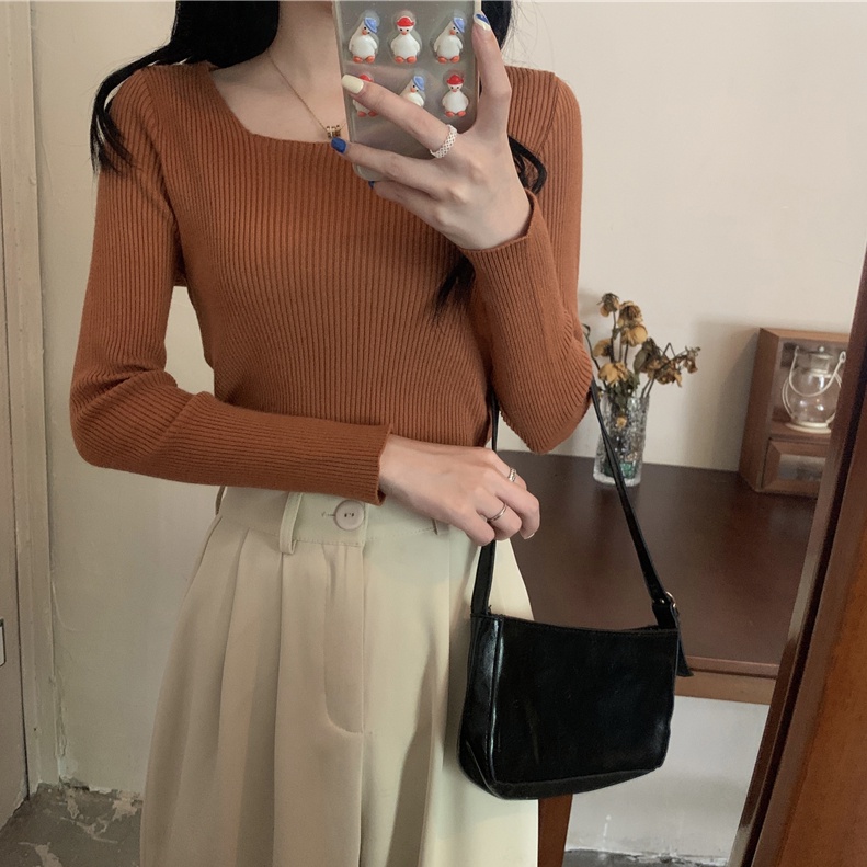 Áo sweater SUXI vải dệt kim vải mỏng cổ vuông màu sắc trơn kiểu vintage xinh xắn cho nữ