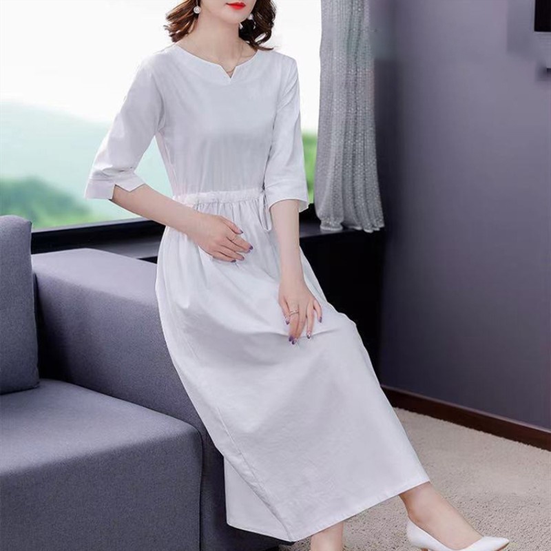 Đầm nữ dáng dài form rộng - Váy suông dài trơn, thắt eo vintage