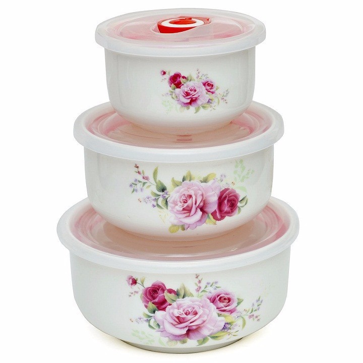 Bộ 3 bát sứ lạnh không tai mẫu hoa cao cấp