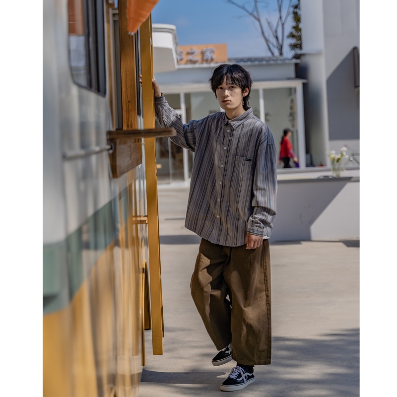 Áo Sơ Mi Tay Ngắn Kẻ Sọc Dáng Rộng Phong Cách Nhật Bản Thời Trang Mùa Xuân Cho Nam 2022