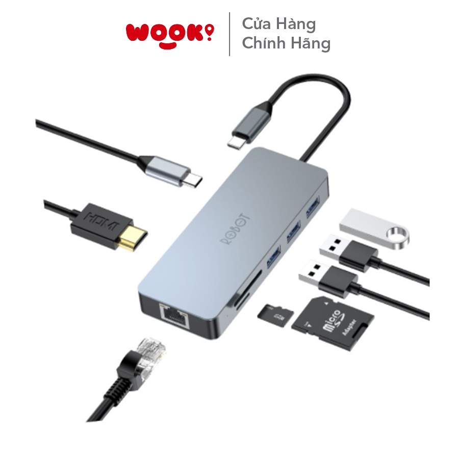 HUB USB-C Chuyển Đổi Đa Năng ROBOT HT380 8 In 1 Nhỏ Gọn HDMI PD SD TF PD Cho Macbook Matebook Hàng Chính Hãng