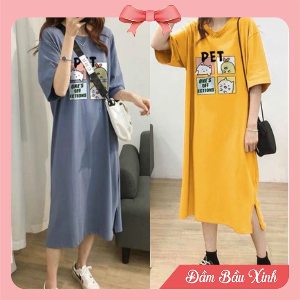 Đầm bầu thun cotton họa tiết ô vuông mèo hoạt hình xinh xắn Váy cổ tròn ngắn tay thoáng mát