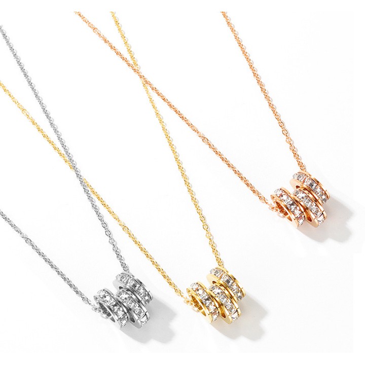 Dây chuyền titan nữ 3 khoanh tròn đính đá vuồng siêu đẹp, bền màu, chuẩn thời trang