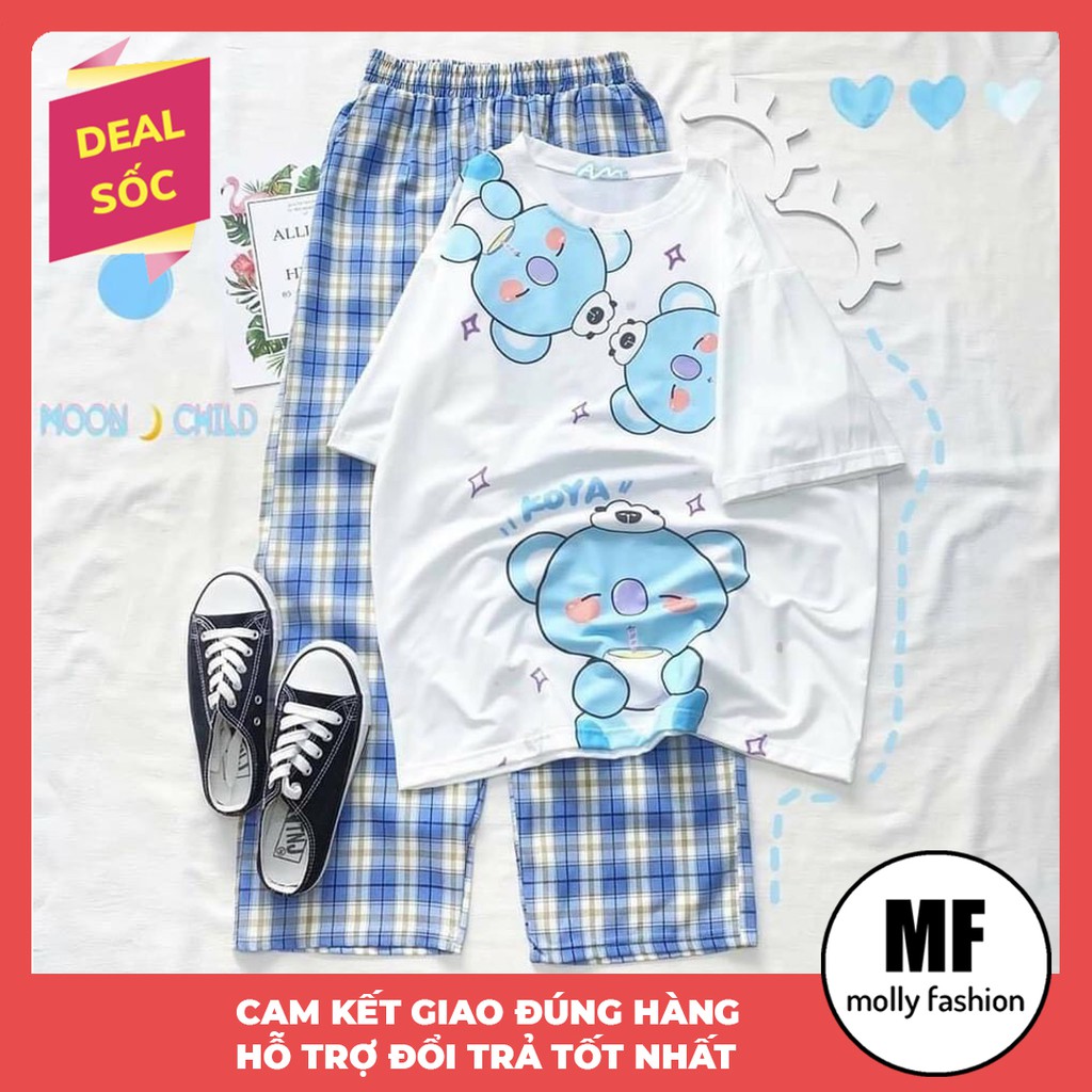 Set đồ bộ nữ quần caro kate ống rộng NHIỀU MẪU 2, đồ bộ hoạt hình Freesize Molly Fashion