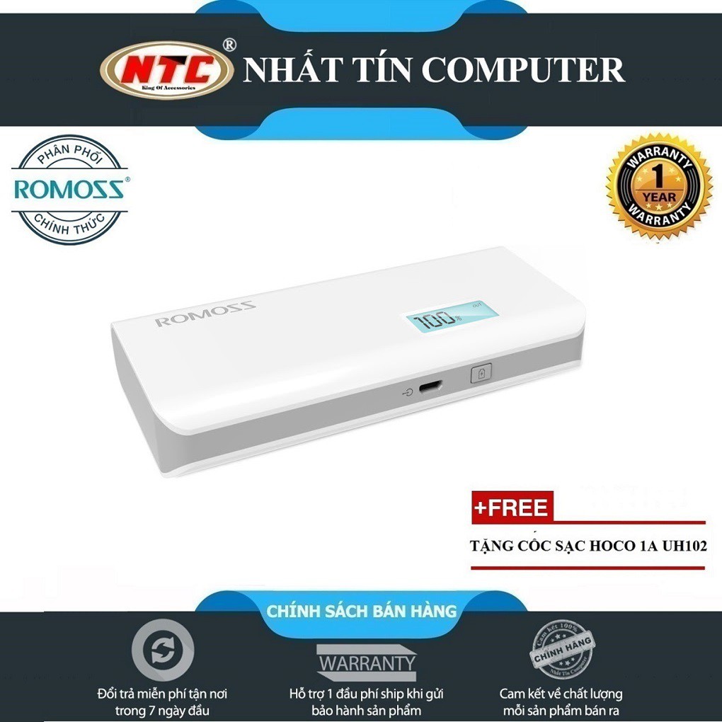 Pin sạc dự phòng Romoss Sense 4 Plus 10400mAh (trắng) + tặng kèm cốc sạc Hoco - Hãng phân phối chính thức