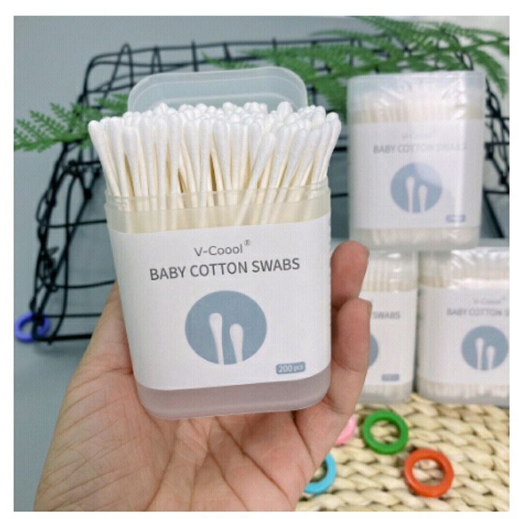 TĂM BÔNG VCOOL HỘP 200 CHIẾC LÀM SẠCH VÙNG MẮT, TAI, MŨI CHO BÉ