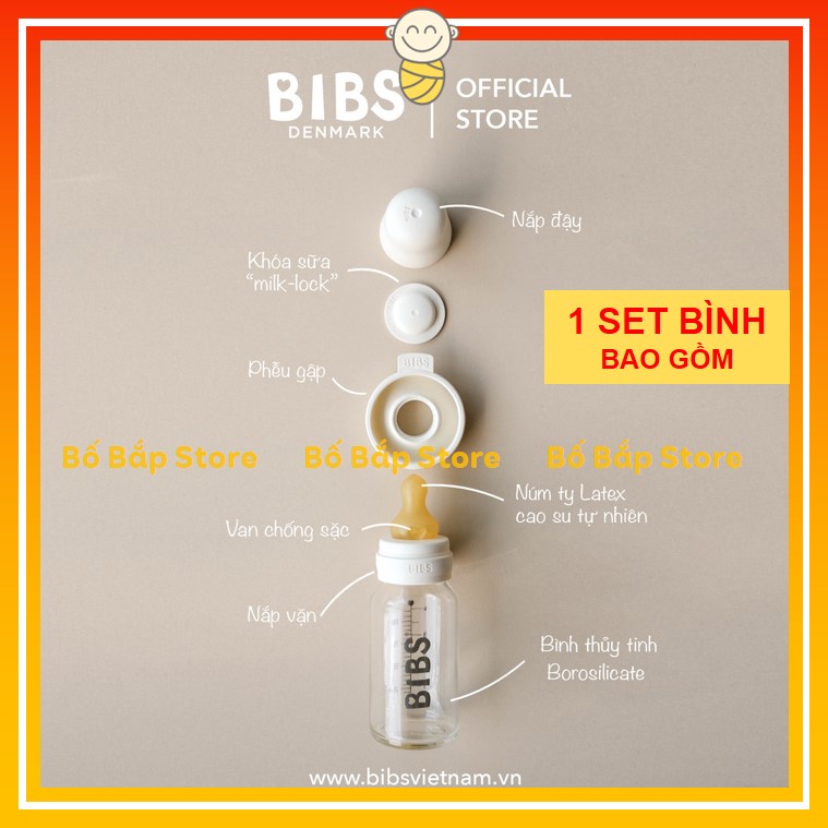 Bình Sữa BIBS Thủy Tinh ⚡𝟭𝟬𝟬% CHÍNH HÃNG⚡ Núm Ti Cao Su Siêu Mềm 110ml - 225ml
