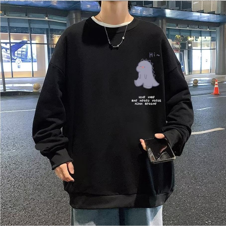 Áo Nỉ Dài Tay Cổ Tròn Form Rộng In Họa Tiết Khủng Long Hoạt Hình Size M-3XL Cho Nam