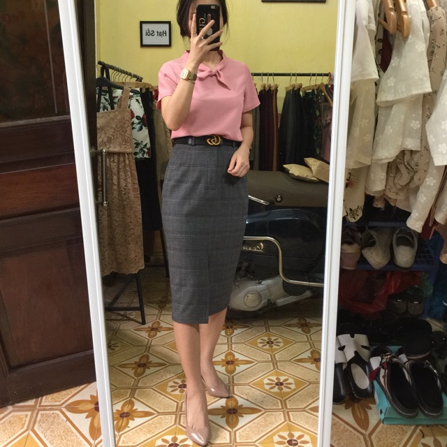 Set váy dài, áo sơmi nơ