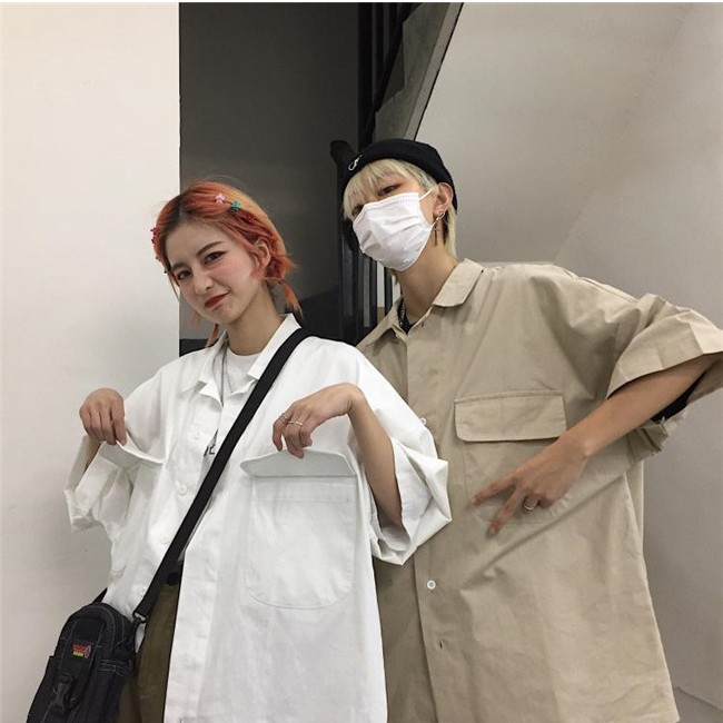 Áo Sơ Mi Dáng Rộng Phối Túi Lớn Màu Trơn Thời Trang Harajuku Cá Tính Cho Nam Và Nữ