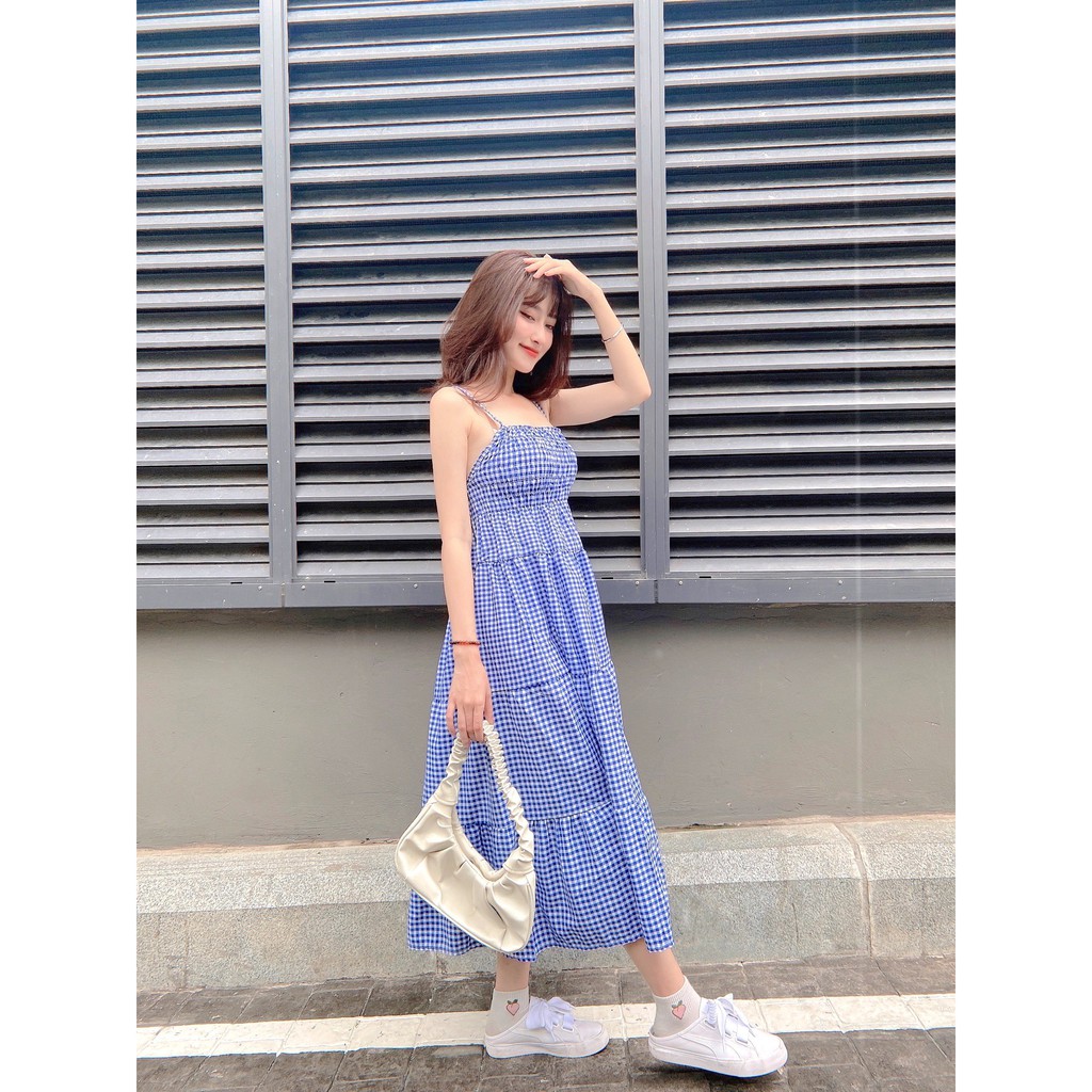 Váy 2 Dây Caro Xanh PEONYB Nữ [FREESHIP] 🌸 Đầm maxi đuôi cá mặc đi biển dáng suông dài kẻ ô cá tính Ulzzang 🌸