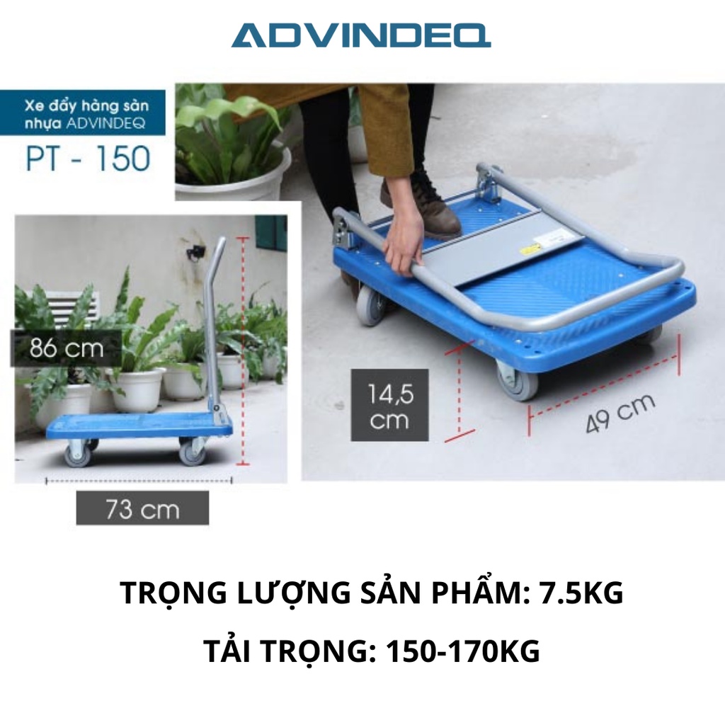 Xe đẩy hàng 4 bánh sàn nhựa ADVINDEQ PT-150, xe đẩy hàng gấp gọn tiện dụng, bảo hành 12 tháng toàn quốc