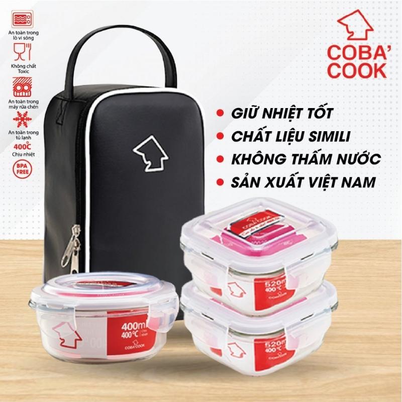 Bộ hộp cơm thủy tinh chịu nhiệt 2 hộp vuông 520ml 1 hộp tròn 400ml và túi simili dài- CCR4S53LS