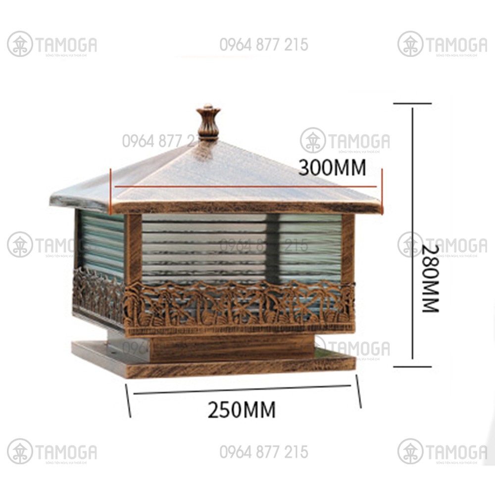 Đèn trụ cổng cây dừa Cỡ vuông 300mm TAMOGA Nhôm cao cấp TC 7005