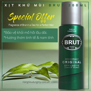Xịt khử mùi Brut dành cho nam giới | Bản Gốc | Hương thơm tươi và đích thực| Brut Original Deodorant For Men, 200ml