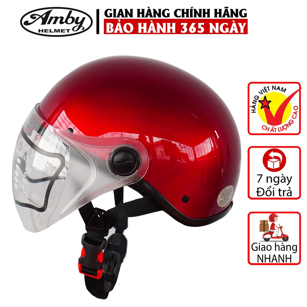 Mũ Bảo Hiểm Nửa Đầu Amby ST05, có kính che nửa mặt, kiểu dáng thời trang cho nam và nữ - Đỏ Đô