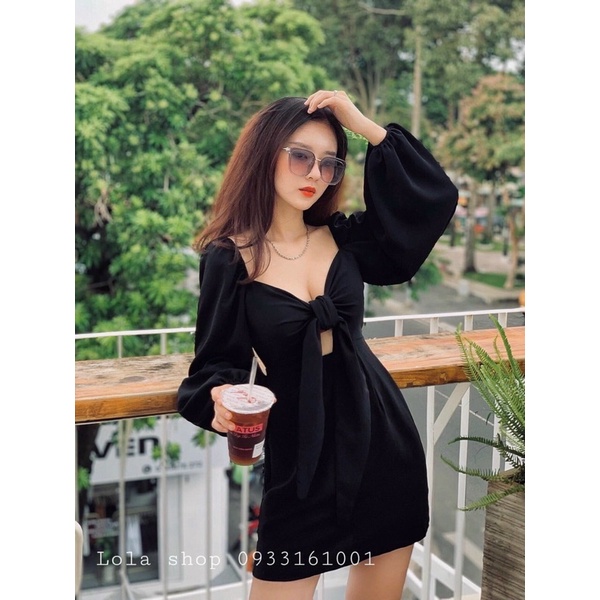 Đầm Thắt Nơ Ngực Tay Phồng Sexy