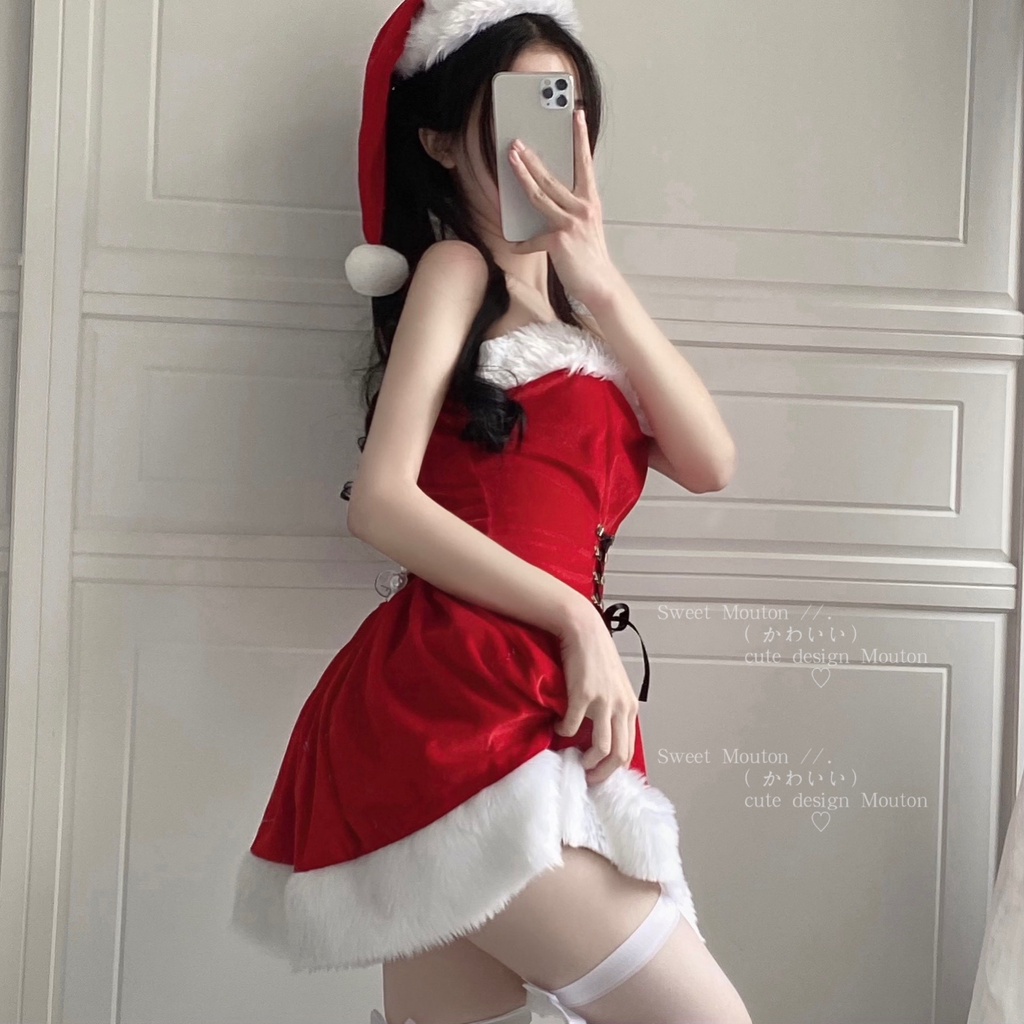 SẴN SET M Bộ đồ đỏ giáng sinh noel đầm ống dây chéo cột rút ôm eo hở vai lưng sexy kèm áo choàng lông kèm nón ulzzang