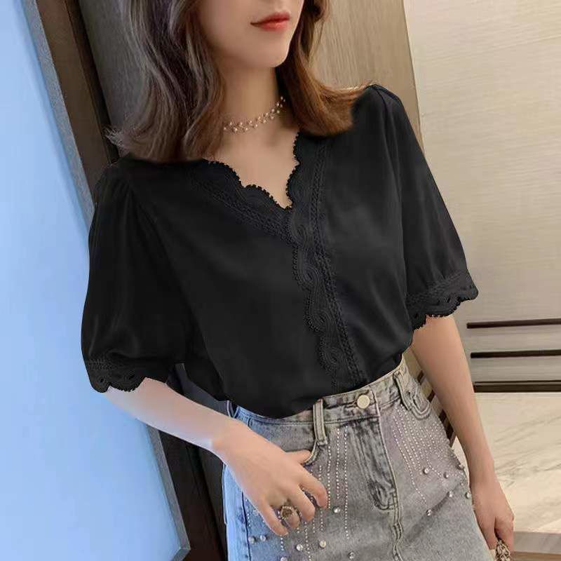 Áo Sơ Mi Trơn Ngắn Tay 161410 Áo Sơ Mi Chiffon Cổ Chữ v Dáng Rộng Phối Ren Phong Cách Phương Tây