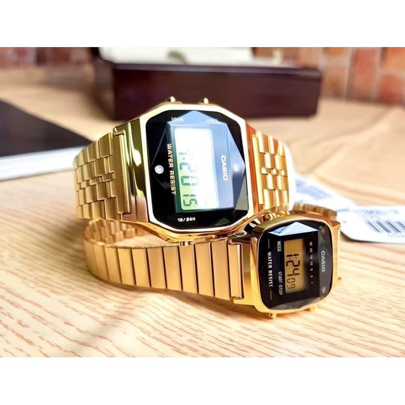 Đongf hồ CASIO A159 Unisex mặt kim cương gold A159WGED-1