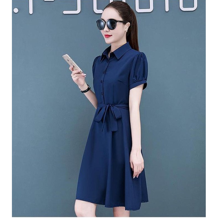 Váy sơ mi xanh than cộc tay thắt eo