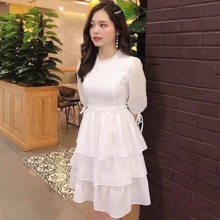 Đầm trắng dự tiệc vải voan nhiều tầng, váy tiểu thư tay lỡ nhẹ nhàng