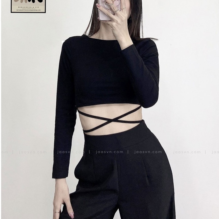 Áo croptop tay dài ôm body thắt dây eo cá tính