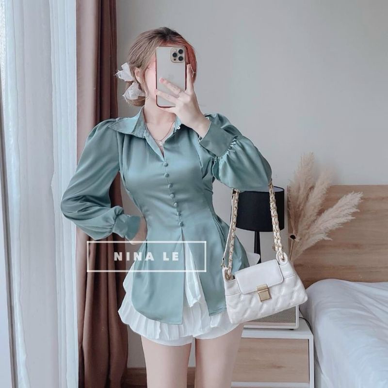 Áo lụa satin tiêu thư  cổ sơmi tay dài phồng  đính cúc cột eo lưng  dáng ôm thời trang nữ | BigBuy360 - bigbuy360.vn