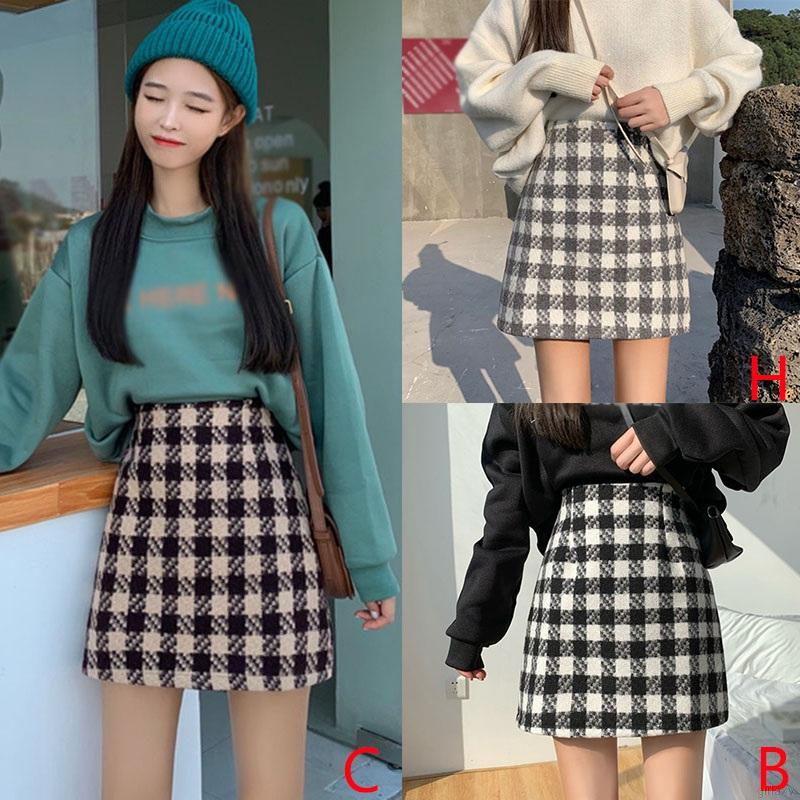 Chân Váy Len Lưng Cao Họa Tiết Sọc Caro Phong Cách Hàn Quốc | BigBuy360 - bigbuy360.vn